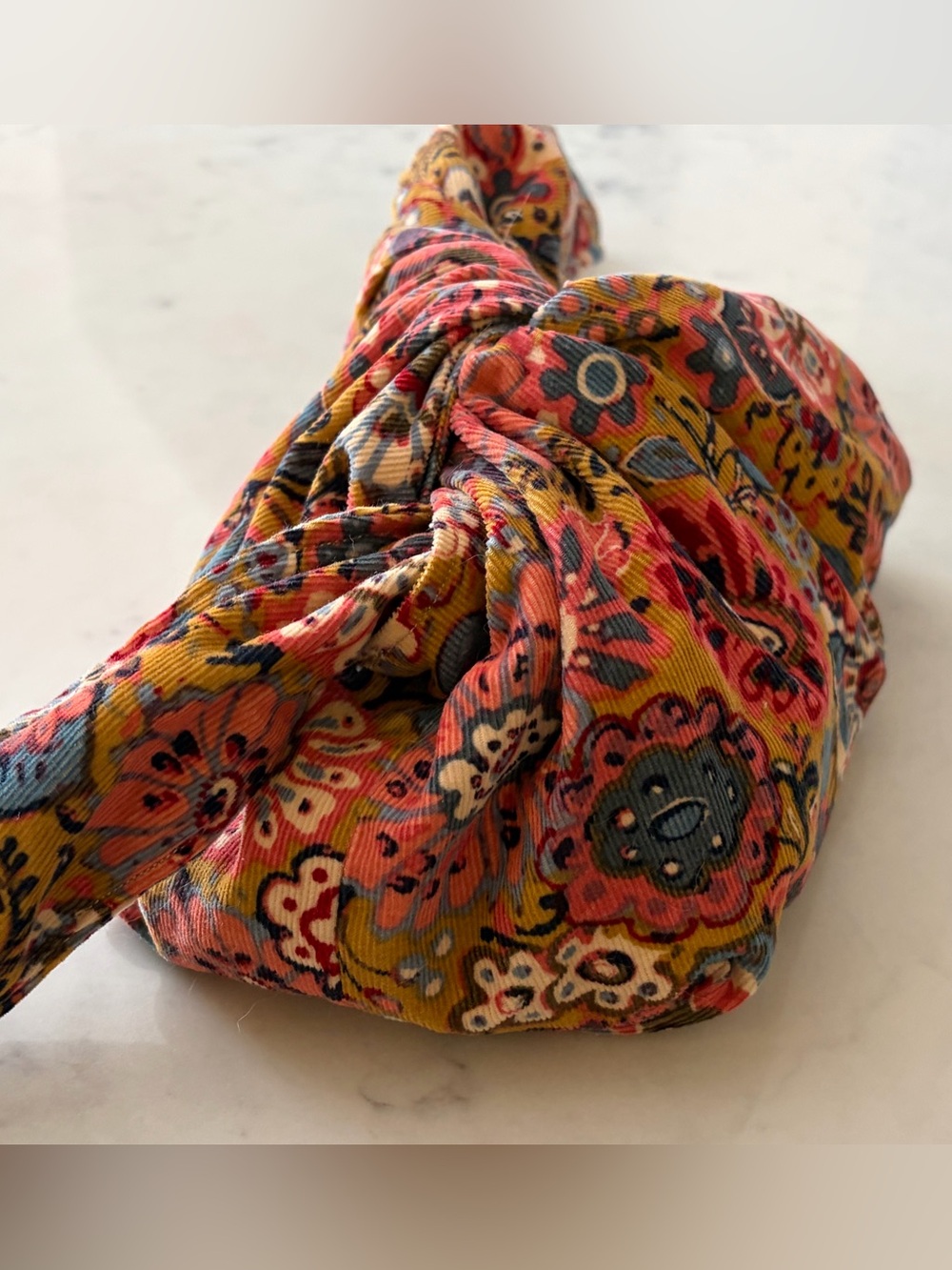 Floral Knot-Top Women's Cosmetic Bag in Mustard and Coral